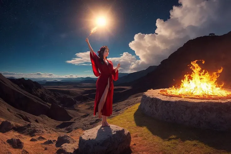 Create a nocturnal artwork depicting a beautiful goddess standing on a rock, wearing a flowing red robe, casting spells with fireballs in her hands, surrounded by flames and smoke. The night sky is filled with stars, and the moon is peeking out from behind the clouds, illuminating the goddess with its glow. Below the rock, there is a volcanic crater with flowing lava, casting a warm orange light on the goddess and the environment. This scene is truly awe-inspiring, full of mystery and magic,
hdr, (photorealism, masterpiece quality, best quality), , pureerosface_v1,ulzzang-6500-v1.1,
