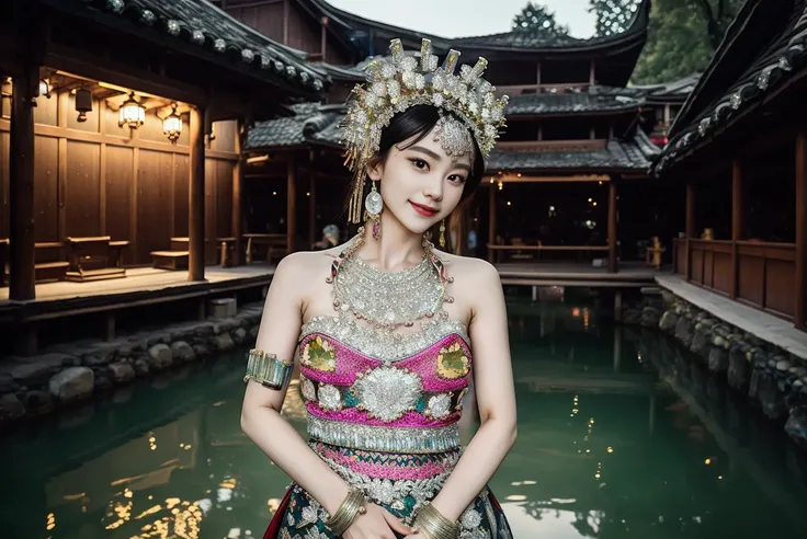 (raw photo:1.2), (photorealistic:1.4), absurdres, incredibly absurdres, huge filesize , ultra-detailed, highres, extremely detailed,best quality ,white theme,
morning,(Early morning),(day:1.8),in summer,onsen,(nature:1.9),1girl,full body,black hair,very long hair,grin,sexy,unaligned breasts, dynamic angle,dynamic pose,outdoors,chinese style architecture,High color saturation,Color saturation,(jewelry:1.9),putting on jewelry,
masterpiece, an extremely delicate and beautiful, extremely detailed ,unity ,8k wallpaper, Amazing, finely detail, masterpiece,best quality, pureerosface_v1,ulzzang-6500-v1.1,