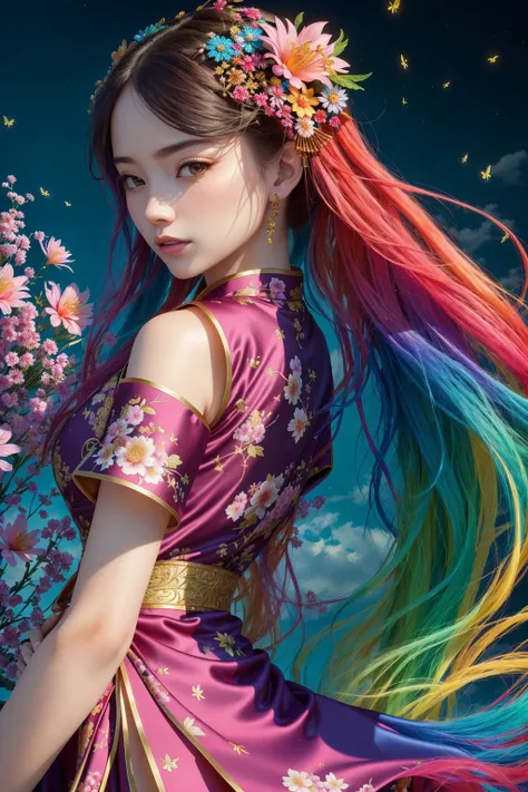 (8k, RAW photo:1.2),best quality, ultra high res,dramatic angle,(fluttered detailed color splashs), (illustration),(((1 girl))),(long hair),(rain:0.9),(hair ornament:1.4),there is an ancient palace beside the girl,(((chinese clothes))),(focus on), color Ink wash painting,(color splashing),colorful splashing,((colorful)),(((cool colors))),(((Tang dinasty)))(sketch:0.8), Masterpiece,best quality, beautifully painted,highly detailed,(denoising:0.6),[splash ink],((ink refraction)), (beautiful detailed sky),moon,highly,detaild,(masterpiece, best quality, extremely detailed CG unity 8k wallpaper,masterpiece, best quality, ultra-detailed),(Lycoris radiata), architecture,