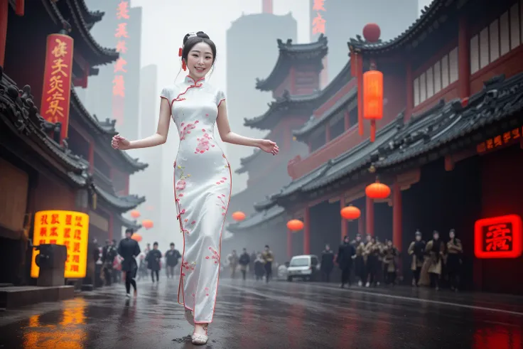 (solo, ), (night),wearing a (Tang Dynasty Chinese Qipao:1.5),running,straight-on,seductive smile,long dark hair,(full body:1.1), (cyberpunk background:1.2), outdoors,
(rain:1.1, wet, wet hair, ) ,(medium breasts, bouncing breasts),(Tang+Dynasty,fantasy+style:1.1, ), pureerosface_v1, ulzzang-6500-v1.1, <lora:LORAChineseDoll_chinesedolllikeness1:0.3>