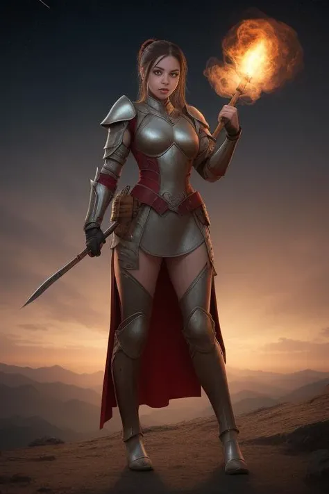 best quality, 8k uhd, dslr, soft lighting, high quality, volumetric lighting,1girl,upper body, wh_chi_armor,(bloodshot eyes),furious,fight stance, holding spear,spear,armor dress,heroic,blood on face, blood on clothes,flying blood,battlefield,red flags,smoke,sunset,Girl, young and beautiful, tall and beautiful, fair face, perfect features, tall and beautiful, fair skin, good figure, heroic and valiant, heroic and valiant, wearing ancient Chinese armor, female general, Chinese landscape background, standing on the top of the mountain, 500 years ago, starry night, realistic, detailed, 8k,