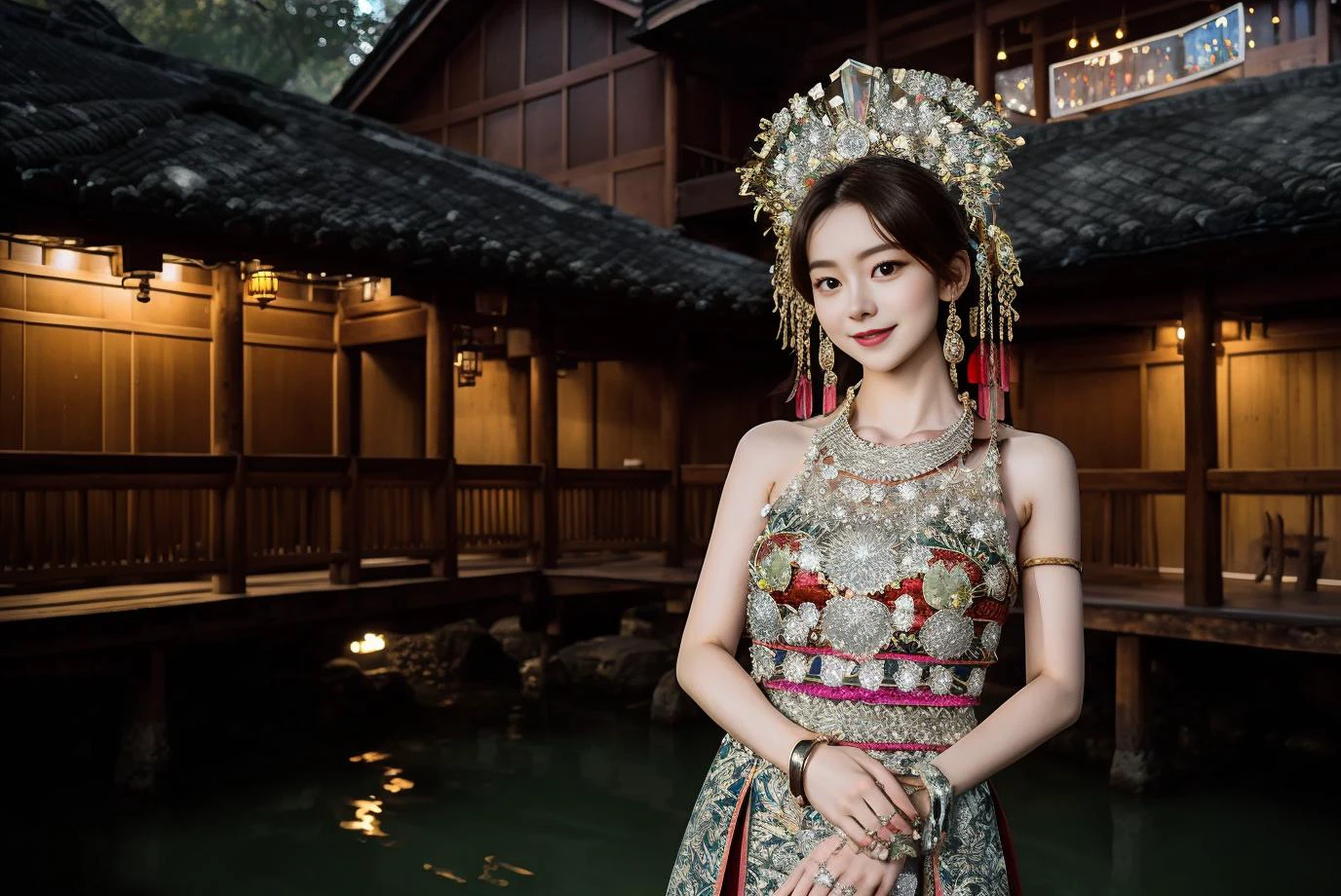 (raw photo:1.2), (photorealistic:1.4), absurdres, incredibly absurdres, huge filesize , ultra-detailed, highres, extremely detailed,best quality ,white theme,
morning,(Early morning),(day:1.8),in summer,onsen,(nature:1.9),1girl,full body,black hair,very long hair,grin,sexy,unaligned breasts, dynamic angle,dynamic pose,outdoors,chinese style architecture,High color saturation,Color saturation,(jewelry:1.9),putting on jewelry,
masterpiece, an extremely delicate and beautiful, extremely detailed ,unity ,8k wallpaper, Amazing, finely detail, masterpiece,best quality, pureerosface_v1,ulzzang-6500-v1.1,