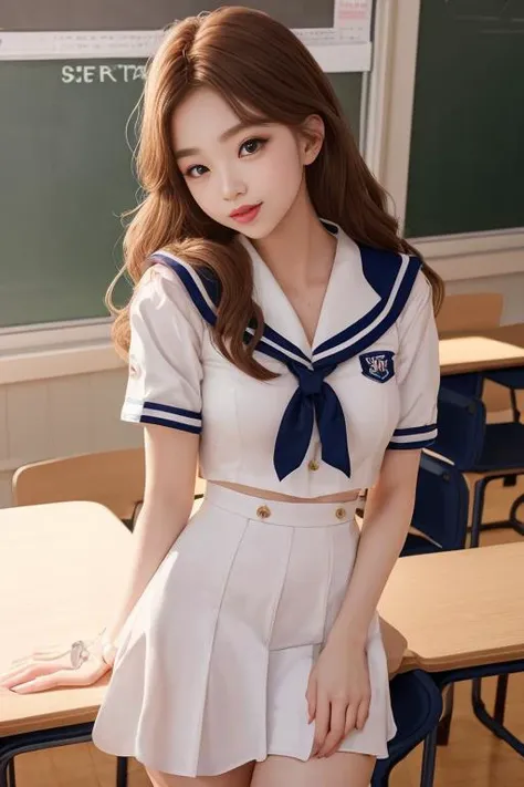 white serafuku,sailor dress, white theme,school uniform, sailor suit, looking at viewer,  insanity, messy long hair, beautiful detailed eyes,Hair glows,dramatic angle,classroom,

hdr, (photorealism, masterpiece quality, best quality), , pureerosface_v1,ulzzang-6500-v1.1,