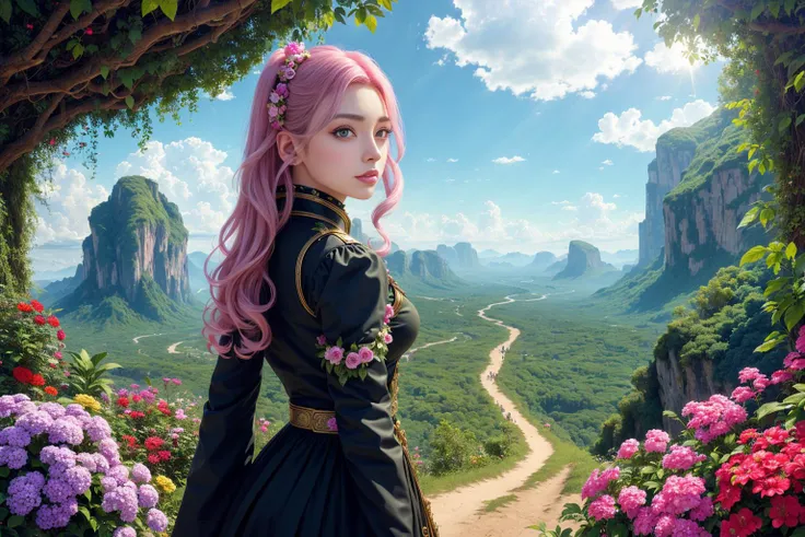 ChromaV5, nvinkpunk,(extremely detailed CG unity 8k wallpaper), An Landscape of a majestic jungle surrounded by lush pink foliage, award winning photography, Chromatic Aberration, Detailed , HDR, Bloom,majestic oil painting by , Thomas Cole, Frederic Church, and Albert Bierstadt ,trending on artstation, trending on CGsociety, Intricate, High Detail, dramatic, art by midjourney, ulzzang-6500-v1.1,(raw photo:1.2), (photorealistic:1.4), beautiful detailed girl, extremely detailed eyes and face, beautiful detailed eyes,absurdres, incredibly absurdres, huge filesize , ultra-detailed, highres, extremely detailed,best quality ,masterpiece, illustration, an extremely delicate and beautiful, extremely detailed ,CG ,unity ,8k wallpaper, Amazing, finely detail, masterpiece,best quality,official art,extremely detailed CG unity 8k wallpaper, light on face, cinematic lighting