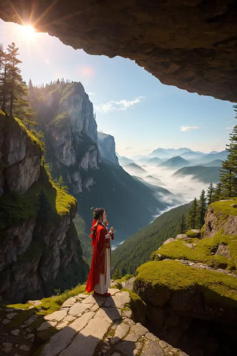 On a morning in a mountain cave, a Beautiful hanfu girl pauses at the edge of a cliff. The sun shines down from the mountain top, casting a soft glow inside the cave. The walls are covered in moss, and the ground is covered in pine needles and small stones. In the distance, mountain peaks and forests are faintly visible through the hazy morning mist. This is a tranquil and serene scene,red theme,
hdr, (photorealism, masterpiece quality, best quality),