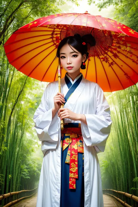 best quality, masterpiece, highres, 1girl,Beautiful face,chinese clothes,white Taoist robes,holding oli paper umbrella,bamboo forest, rain,