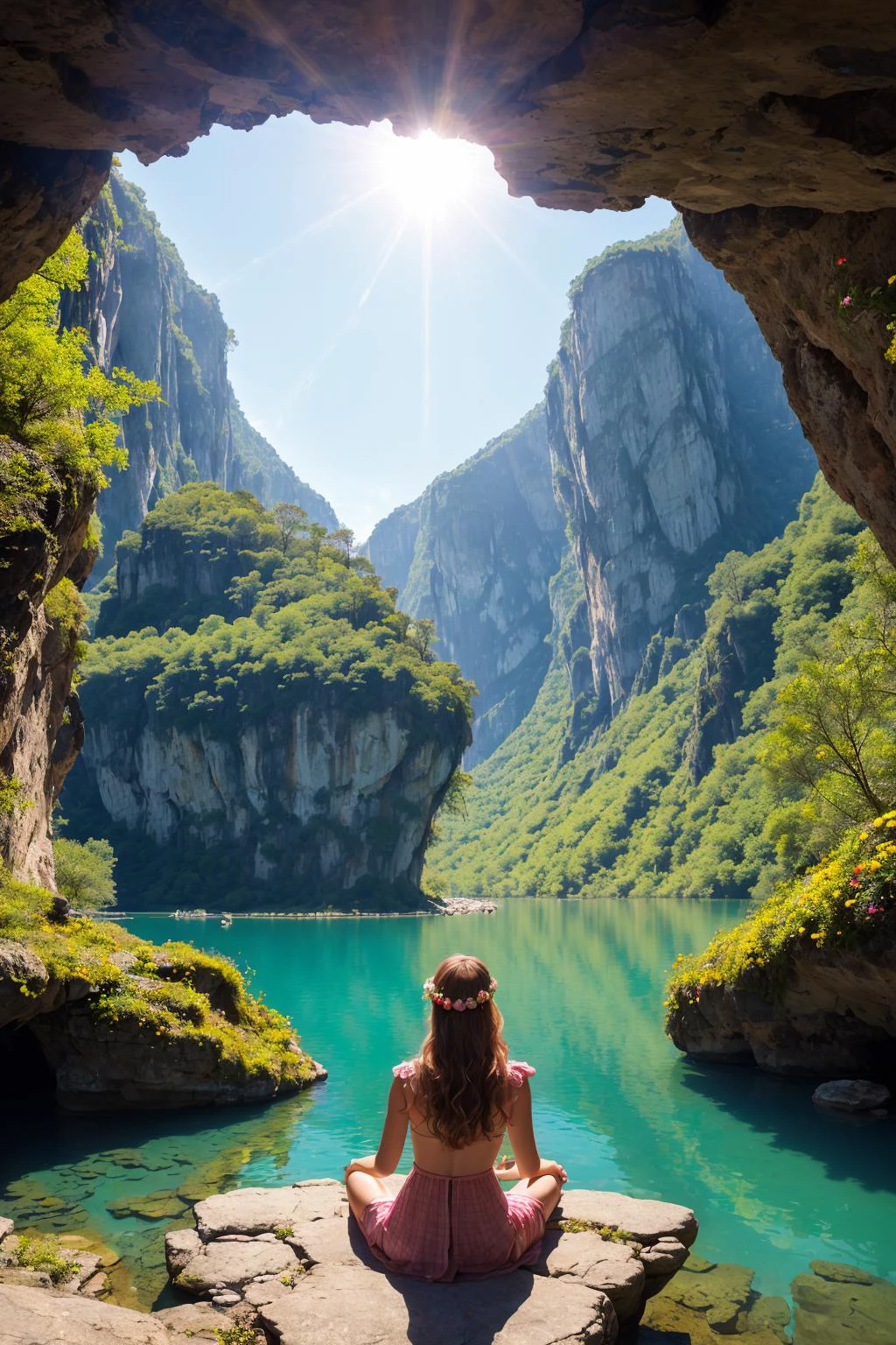 Title: Morning at the Mountain Cave Description: It's early in the morning, and you find yourself in a mountain cave. As you step out into the open, you're greeted with a stunning sight - a vast lake surrounded by steep rocky walls. In the middle of the lake, there's a small island bursting with colorful flowers, and sitting on it is a beautiful girl. Details: The lake is crystal clear and shimmers in the sunlight that streams in through the cave's entrance. The rocky walls that surround the lake are weathered and textured, with cracks and crevices that provide homes to small plants and animals. The small island is a riot of colors, with flowers of all shapes and sizes growing in abundance. The air is thick with the scent of blooming flowers. The girl sitting on the island is wearing a crown of flowers and has a serene smile on her face. She's surrounded by fluttering butterflies, who seem to be attracted to her gentle presence. As she leans over the water to dip her fingers in, the sunlight bounces off the lake's surface and casts a play of light and shadow on her face. The effect is almost ethereal, with the light and shadow creating a mesmerizing pattern on her skin. Palette: Bright and warm colors, such as soft pinks, oranges, yellows, and greens, to capture the beauty and serenity of the scene.
hdr, (photorealism, masterpiece quality, best quality),