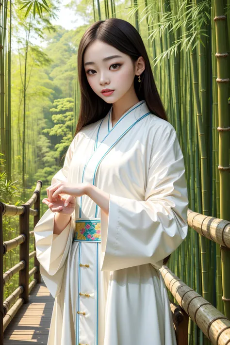 best quality, masterpiece, highres, 1girl,Beautiful face,chinese clothes,white Taoist robes,bamboo forest,rain,
 pureerosface_v1, ulzzang-6500-v1.1,