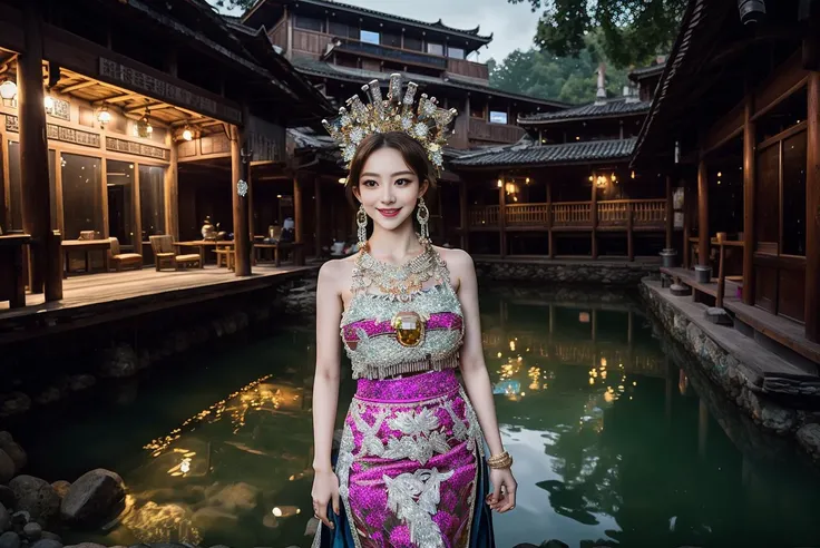 (raw photo:1.2), (photorealistic:1.4), absurdres, incredibly absurdres, huge filesize , ultra-detailed, highres, extremely detailed,best quality ,white theme,
morning,(Early morning),(day:1.8),in summer,onsen,(nature:1.9),1girl,full body,black hair,very long hair,grin,sexy,unaligned breasts, dynamic angle,dynamic pose,outdoors,chinese style architecture,High color saturation,Color saturation,(jewelry:1.9),putting on jewelry, 
 hdr, (photorealism, masterpiece quality, best quality), , pureerosface_v1,ulzzang-6500-v1.1,