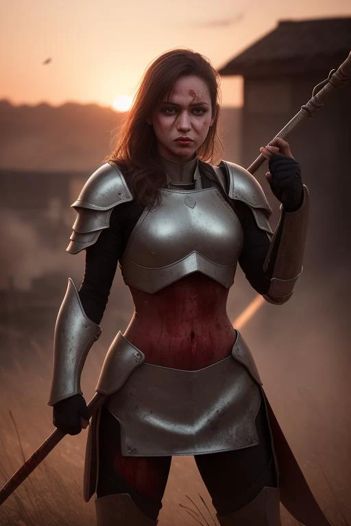 best quality, 8k uhd, dslr, soft lighting, high quality, volumetric lighting,1girl,upper body, wh_chi_armor,(bloodshot eyes),furious,fight stance, holding spear,spear,armor dress,heroic,blood on face, blood on clothes,flying blood,battlefield,red flags,smoke,sunset,