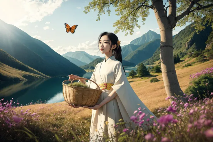 In a still image, a tranquil lake houses ancient ruins at its center, covered in wildflowers, grasses, moss, and fungi. Amidst this captivating scene, a young Chinese girl in traditional attire gathers mushrooms, her bamboo basket on her back, as butterflies flit around her, creating a sense of harmony and mystery.
hdr, (photorealism, masterpiece quality, best quality), pureerosface_v1, pureerosface_v1,