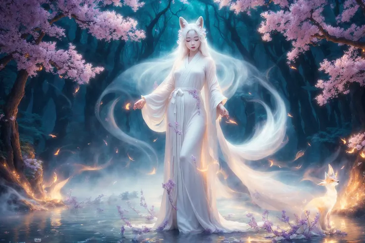 a beautiful and ethereal fox spirit dressed in a flowing white Chinese robe. The image captures the fox spirit standing gracefully on the water's surface, surrounded by white clouds and mist that lend an otherworldly quality to the scene. The fox spirit's long white hair and robes are swept up by the wind, adding movement and fluidity to the image. Use Midjourney's advanced brush tools to create intricate folds and textures in the fox spirit's robes and hair, and experiment with different color palettes and brush strokes to bring out the ethereal quality of the scene. The fox spirit's beauty is further enhanced by the way her image is sometimes obscured by the surrounding mist, giving the scene a sense of mystery and enchantment. With Midjourney's powerful tools, you can bring this captivating and ethereal scene to life with incredible detail and beauty.
hdr, (photorealism, masterpiece quality, best quality), , pureerosface_v1,ulzzang-6500-v1.1,