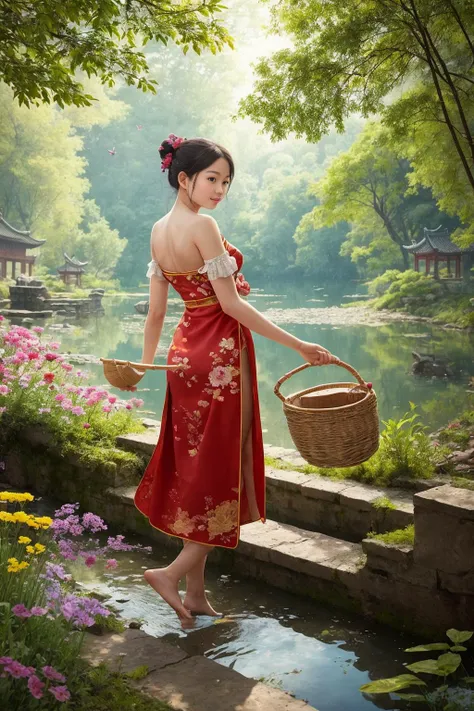 In a timeless image, an enchanting lake scene unfolds, featuring ancient ruins covered in colorful flora. A girl in traditional Chinese attire gathers mushrooms, her bamboo basket swaying gently. Butterflies dance around her, enhancing the atmosphere of mystique and the girl's connection to the natural world.
hdr, (photorealism, masterpiece quality, best quality), pureerosface_v1