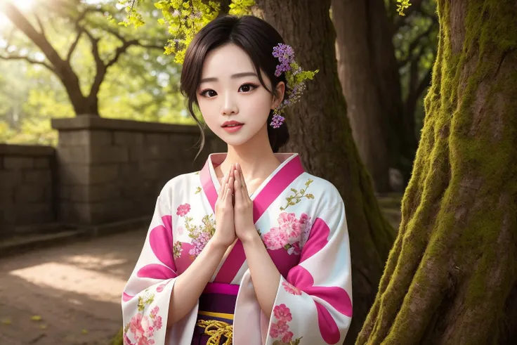 A beautiful Japanese girl is captured in a moment of devotion in front of a crumbling, ancient temple. The temple, adorned with moss and wildflowers growing on the broken walls, is shaded by an immense, age-old tree. Sunlight filters through the leaves, casting a warm, dappled light on the serene scene.
The girl, clad in a colorful and intricately patterned kimono, has an air of serenity and grace. Her hair is neatly pinned up, and her gaze is one of reverence and focus. With her hands clasped in prayer, she silently seeks spiritual guidance from the deities within the temple.
hdr, (photorealism, masterpiece quality, best quality), pureerosface_v1, ulzzang-6500-v1.1,,pureerosface_v1, pureerosface_v1,