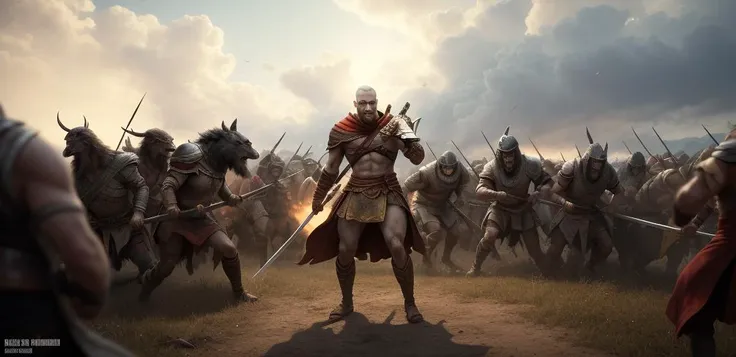 In an epic scene, a Spartan warrior stood alone against thousands of soldiers. He stood atop a hill, facing the oncoming enemy.
He held an ancient spear and wore a red cloak with his tribe's emblem. There was no fear in his eyes, only determination and resolve.
As the enemy approached, he took his first step and charged towards his opponents. His movements were swift, his spear flashing as he precisely pierced the throats and chests of his enemies.
He needed no support or assistance. He was like a hungry wolf, facing a herd of sheep, each strike eliminating an enemy. He was a god of war, his desire only satiated by killing.
Around him, corpses and blood formed rivers, and the battlefield echoed with deafening sounds of battle and screams. But he was not affected by the noise; he continued to charge forward, using his spear to slay his enemies.
In the end, he emerged victorious from the battle. He had defeated countless enemies alone. This was an epic battle, recording the legendary story of a brave Spartan warrior.
hdr, (photorealism, masterpiece quality, best quality),