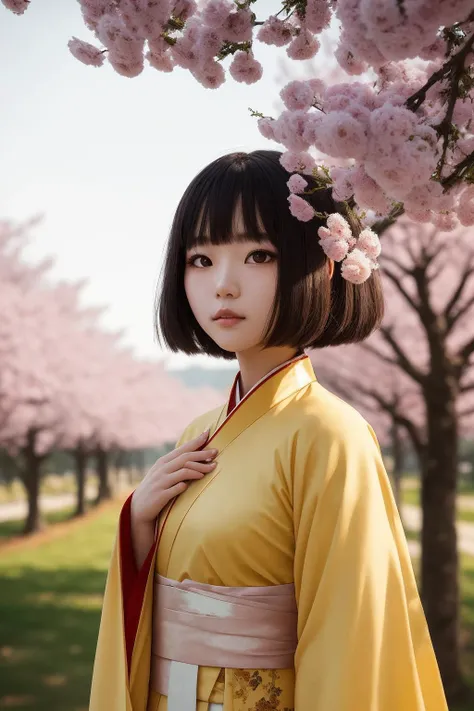 1girl,looking at viewer,beautiful detailed eyes,yellow theme,(hanfu),light on face,cinematic lighting,upper body, outdoors,solo,cherry tree,