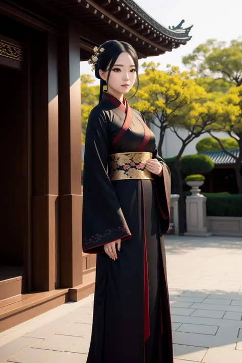 1girl,full body,extremely detailed face, beautiful detailed eyes,light on face,cinematic lighting,looking at viewer,outdoors,Black hair,(balck Chinese architecture:0.05),hanfu,