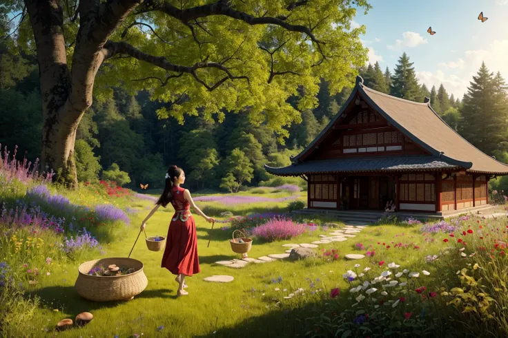 In a still image, a tranquil lake houses ancient ruins at its center, covered in wildflowers, grasses, moss, and fungi. Amidst this captivating scene, a young Chinese girl in traditional attire gathers mushrooms, her bamboo basket on her back, as butterflies flit around her, creating a sense of harmony and mystery.
hdr, (photorealism, masterpiece quality, best quality),  pureerosface_v1,  pureerosface_v1,