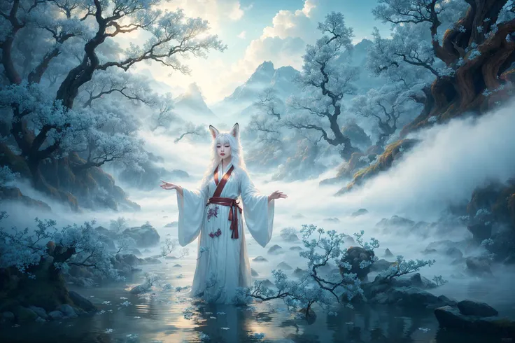 a beautiful and ethereal fox spirit dressed in a flowing white Chinese robe. The image captures the fox spirit standing gracefully on the water's surface, surrounded by white clouds and mist that lend an otherworldly quality to the scene. The fox spirit's long white hair and robes are swept up by the wind, adding movement and fluidity to the image. Use Midjourney's advanced brush tools to create intricate folds and textures in the fox spirit's robes and hair, and experiment with different color palettes and brush strokes to bring out the ethereal quality of the scene. The fox spirit's beauty is further enhanced by the way her image is sometimes obscured by the surrounding mist, giving the scene a sense of mystery and enchantment. With Midjourney's powerful tools, you can bring this captivating and ethereal scene to life with incredible detail and beauty.
hdr, (photorealism, masterpiece quality, best quality), , pureerosface_v1,ulzzang-6500-v1.1,