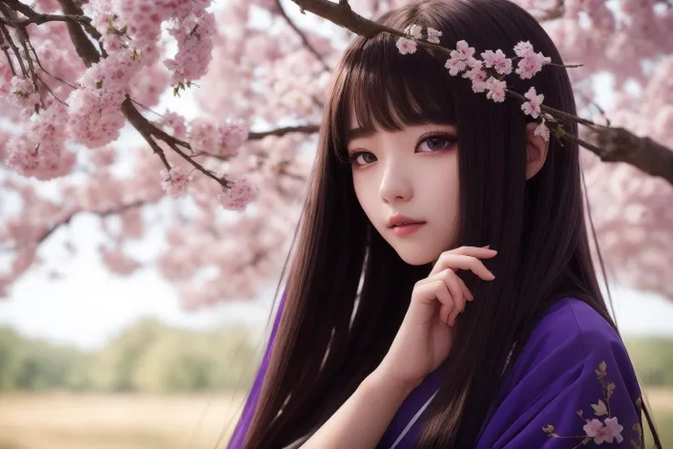1girl,looking at viewer,beautiful detailed eyes,purple theme,(hanfu),light on face,cinematic lighting,upper body, outdoors,solo,cherry tree,