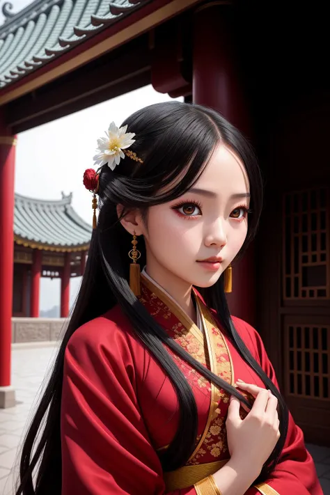 1girl,full body,extremely detailed face, beautiful detailed eyes,light on face,cinematic lighting,looking at viewer,outdoors,Black hair,(red Chinese architecture:0.05),hanfu,