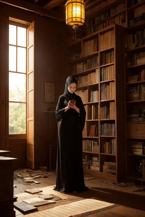 In a still image, a mysterious Eastern woman dressed in black and veiled stands in a dimly lit, dilapidated scripture repository. Surrounded by dusty scrolls and books, she examines a martial arts manual under the soft glow of a lantern, captivated by the ancient knowledge hidden within. 
hdr, (photorealism, masterpiece quality, best quality),  pureerosface_v1