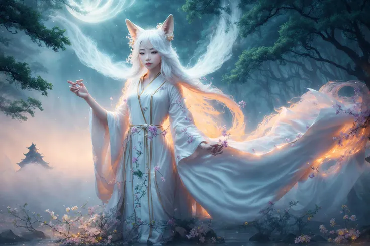 a beautiful and ethereal fox spirit dressed in a flowing white Chinese robe. The image captures the fox spirit standing gracefully on the water's surface, surrounded by white clouds and mist that lend an otherworldly quality to the scene. The fox spirit's long white hair and robes are swept up by the wind, adding movement and fluidity to the image. Use Midjourney's advanced brush tools to create intricate folds and textures in the fox spirit's robes and hair, and experiment with different color palettes and brush strokes to bring out the ethereal quality of the scene. The fox spirit's beauty is further enhanced by the way her image is sometimes obscured by the surrounding mist, giving the scene a sense of mystery and enchantment. With Midjourney's powerful tools, you can bring this captivating and ethereal scene to life with incredible detail and beauty.
hdr, (photorealism, masterpiece quality, best quality), , pureerosface_v1,ulzzang-6500-v1.1,