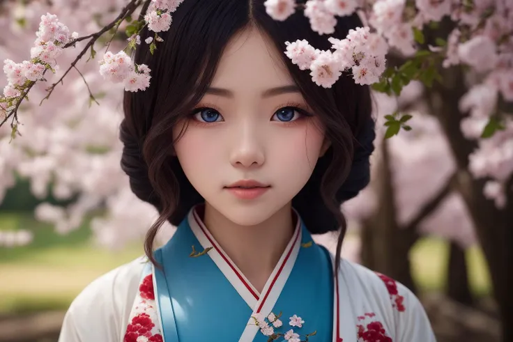1girl,looking at viewer,beautiful detailed eyes,blue theme,(hanfu),light on face,cinematic lighting,upper body, cowboy shot, outdoors,solo,cherry tree,