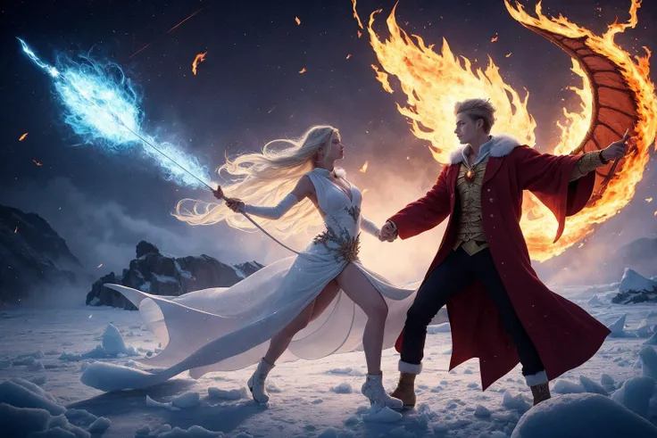 The ultimate showdown has begun! In a vast open plain, two magic wizards stood facing each other. One is a genius magic wizard who controls fire, dressed in a red robe, with a proud temperament, fiery eyes, and flames surrounding his body, emitting scorching energy. The other is a beautiful magic wizard who controls ice, dressed in a white gown, with a cold and stunning face, holding a magic wand, and a magic halo shining, with countless ice blocks flying up, her eyes full of determination and confidence.
The two began to release magic, and the flames and ice intertwined together. The magic light burst in the air, exploding into countless sparks and ice crystals. The flames swept in, burning the ground into a sea of fire, while the ice covered the entire plain, turning it into a white snowfield. Their magic intertwined, turning this plain into a magical world, gorgeous beyond words.
The fire wizard released fierce flames and rushed towards the beautiful wizard, while the beautiful wizard released sharp ice blades, colliding with the flames, making a huge explosion. The two fought fiercely, their figures quickly shuttling in the air, releasing gorgeous magic, creating a breathtakingly beautiful scene.
Finally, the beautiful wizard condensed a giant ice dragon, while the fire wizard summoned a flame phoenix. The two powerful magic creatures confronted each other, creating a dazzling light in the sky. In the end, the cold air condensed by the ice dragon froze the wings of the flame phoenix, and the fire wizard could no longer control the flames, ultimately being defeated by the beautiful wizard. The beautiful wizard emerged victorious, holding the magic wand, her body surrounded by magic light, like a magic goddess, the entire scene full of mystery and gorgeousness.
hdr, (photorealism, masterpiece quality, best quality),