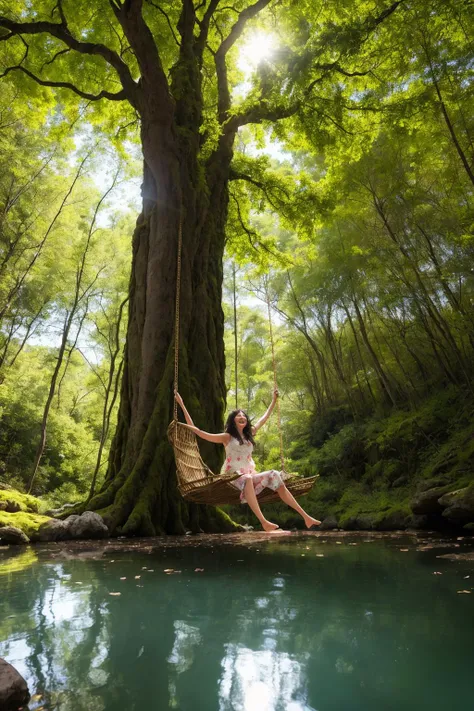 In a still image, the enigmatic atmosphere of an ancient forest comes to life. Towering trees, their massive trunks and limbs reaching skyward, create a canopy that filters sunlight, casting dappled shadows on the forest floor below. Between the stone cliffs within the jungle, a small, crystal-clear lake nestles, its placid surface reflecting the surrounding verdant landscape.
Strung above the serene lake, a swing made of vines and vibrant flowers adds an element of whimsy to the scene. Upon this floral swing, a beautiful Chinese girl dressed in traditional attire is perched, her laughter ringing through the air as she happily sways back and forth. Her eyes sparkle with joy, and her flowing hair dances in the breeze, capturing the essence of her carefree spirit.
The banks of the lake are carpeted with wildflowers and grasses, while moss and fungi lend an air of age and mystery to the scene. Butterflies take flight, their delicate wings fluttering gracefully as they dance around the girl, further enhancing the sense of enchantment that permeates the setting.
In this captivating moment, the girl's laughter and delight are forever suspended in time, encapsulated in a tableau of wonder and beauty within the ancient, flower-adorned forest and its secret lake.