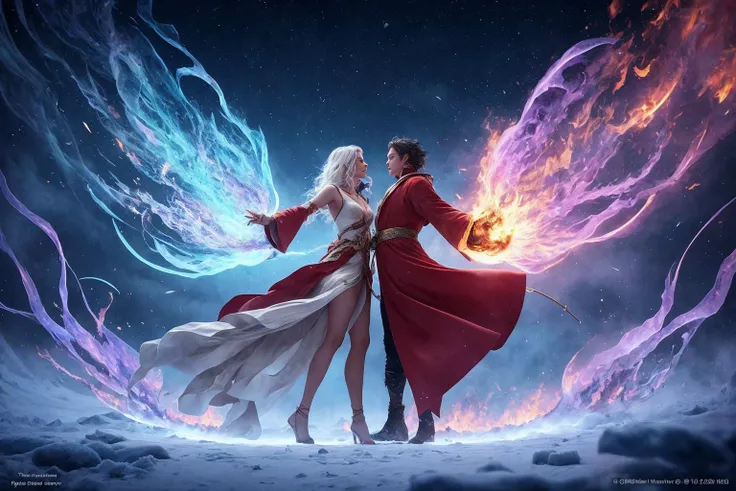 The ultimate showdown has begun! In a vast open plain, two magic wizards stood facing each other. One is a genius magic wizard who controls fire, dressed in a red robe, with a proud temperament, fiery eyes, and flames surrounding his body, emitting scorching energy. The other is a beautiful magic wizard who controls ice, dressed in a white gown, with a cold and stunning face, holding a magic wand, and a magic halo shining, with countless ice blocks flying up, her eyes full of determination and confidence.
The two began to release magic, and the flames and ice intertwined together. The magic light burst in the air, exploding into countless sparks and ice crystals. The flames swept in, burning the ground into a sea of fire, while the ice covered the entire plain, turning it into a white snowfield. Their magic intertwined, turning this plain into a magical world, gorgeous beyond words.
The fire wizard released fierce flames and rushed towards the beautiful wizard, while the beautiful wizard released sharp ice blades, colliding with the flames, making a huge explosion. The two fought fiercely, their figures quickly shuttling in the air, releasing gorgeous magic, creating a breathtakingly beautiful scene.
Finally, the beautiful wizard condensed a giant ice dragon, while the fire wizard summoned a flame phoenix. The two powerful magic creatures confronted each other, creating a dazzling light in the sky. In the end, the cold air condensed by the ice dragon froze the wings of the flame phoenix, and the fire wizard could no longer control the flames, ultimately being defeated by the beautiful wizard. The beautiful wizard emerged victorious, holding the magic wand, her body surrounded by magic light, like a magic goddess, the entire scene full of mystery and gorgeousness.
hdr, (photorealism, masterpiece quality, best quality),