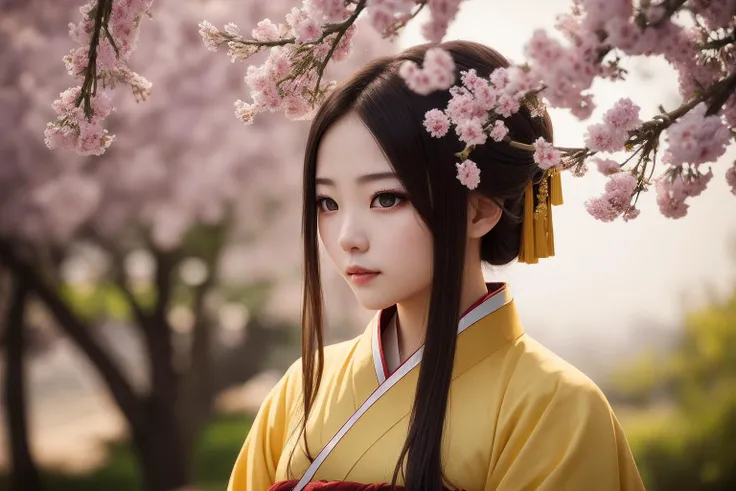 1girl,looking at viewer,beautiful detailed eyes,yellow theme,(hanfu),light on face,cinematic lighting,upper body, outdoors,solo,cherry tree,