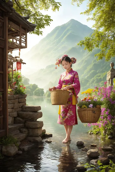 In a timeless image, an enchanting lake scene unfolds, featuring ancient ruins covered in colorful flora. A girl in traditional Chinese attire gathers mushrooms, her bamboo basket swaying gently. Butterflies dance around her, enhancing the atmosphere of mystique and the girl's connection to the natural world.
hdr, (photorealism, masterpiece quality, best quality), pureerosface_v1