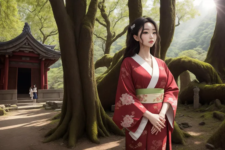 a beautiful Japanese girl stands devoutly in front of an ancient, dilapidated temple. The temple is covered in moss and wildflowers, which grow upon the crumbling walls, adding a touch of vitality to the historic site. A massive, ancient tree casts its shadow over the scene, filtering the sunlight and creating a mysterious atmosphere.
The girl's delicate features and focused gaze convey her reverence. Dressed in an exquisite kimono with unique patterns and vibrant colors, she exudes an air of tranquility. Her dark hair is elegantly pinned up with a delicate hairpin. She stands before the temple doors, palms pressed together in prayer, seeking divine guidance.
hdr, (photorealism, masterpiece quality, best quality), pureerosface_v1 ulzzang-6500-v1.1