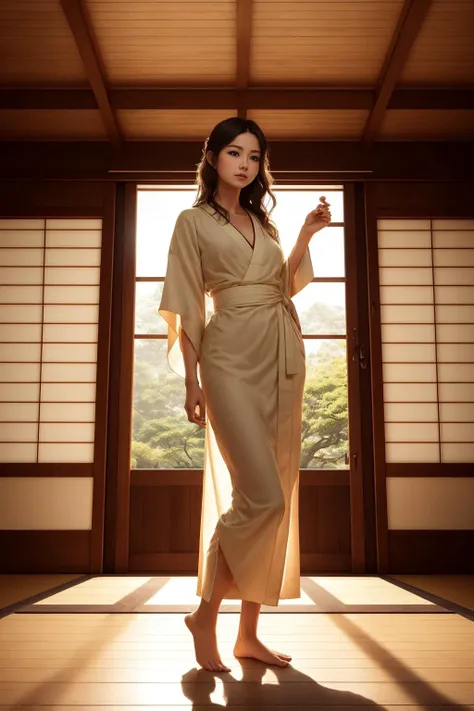 In a serene and ancient Japanese dojo, the faint scent of incense lingers in the air. Sunlight filters through the wooden slats, casting a warm glow upon the polished floor. A beautiful young girl, dressed in an elegant and flowing kimono, stands poised and ready for battle.
hdr, (photorealism, masterpiece quality, best quality),