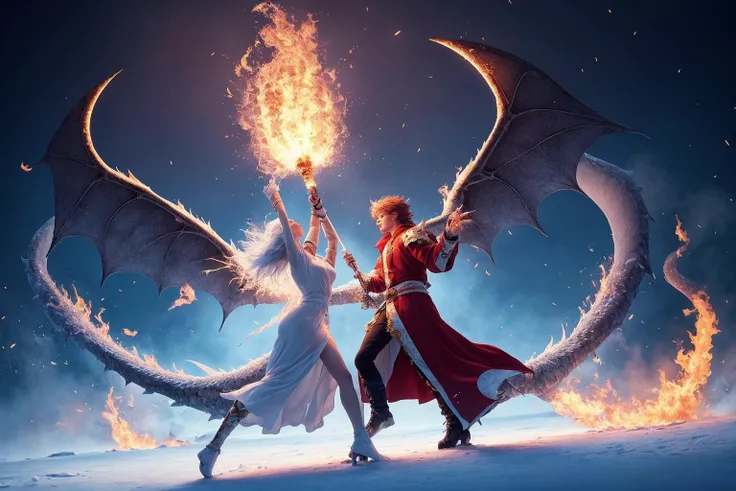 The ultimate showdown has begun! In a vast open plain, two magic wizards stood facing each other. One is a genius magic wizard who controls fire, dressed in a red robe, with a proud temperament, fiery eyes, and flames surrounding his body, emitting scorching energy. The other is a beautiful magic wizard who controls ice, dressed in a white gown, with a cold and stunning face, holding a magic wand, and a magic halo shining, with countless ice blocks flying up, her eyes full of determination and confidence.
The two began to release magic, and the flames and ice intertwined together. The magic light burst in the air, exploding into countless sparks and ice crystals. The flames swept in, burning the ground into a sea of fire, while the ice covered the entire plain, turning it into a white snowfield. Their magic intertwined, turning this plain into a magical world, gorgeous beyond words.
The fire wizard released fierce flames and rushed towards the beautiful wizard, while the beautiful wizard released sharp ice blades, colliding with the flames, making a huge explosion. The two fought fiercely, their figures quickly shuttling in the air, releasing gorgeous magic, creating a breathtakingly beautiful scene.
Finally, the beautiful wizard condensed a giant ice dragon, while the fire wizard summoned a flame phoenix. The two powerful magic creatures confronted each other, creating a dazzling light in the sky. In the end, the cold air condensed by the ice dragon froze the wings of the flame phoenix, and the fire wizard could no longer control the flames, ultimately being defeated by the beautiful wizard. The beautiful wizard emerged victorious, holding the magic wand, her body surrounded by magic light, like a magic goddess, the entire scene full of mystery and gorgeousness.
hdr, (photorealism, masterpiece quality, best quality),