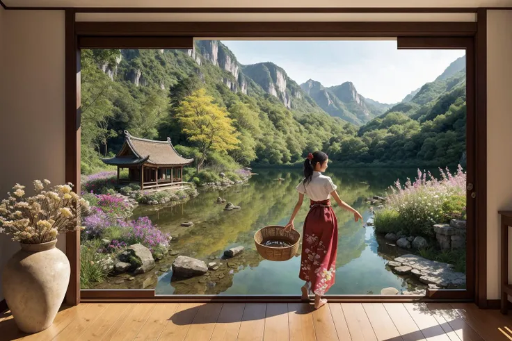 In a timeless image, an enchanting lake scene unfolds, featuring ancient ruins covered in colorful flora. A girl in traditional Chinese attire gathers mushrooms, her bamboo basket swaying gently. Butterflies dance around her, enhancing the atmosphere of mystique and the girl's connection to the natural world.
hdr, (photorealism, masterpiece quality, best quality),  pureerosface_v1,  pureerosface_v1,
