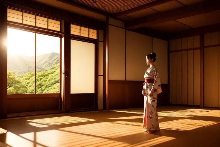 TIn a quiet Japanese dojo, sunlight shines through the wooden slats, casting a warm glow on the floor. A beautiful young girl, dressed in an elegant kimono, stands ready for battle against a skilled samurai.
hdr, (photorealism, masterpiece quality, best quality),
