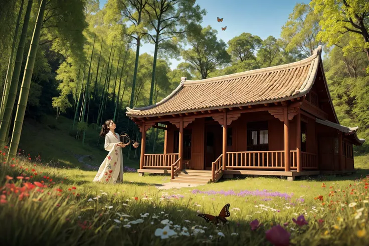 In a still image, a tranquil lake houses ancient ruins at its center, covered in wildflowers, grasses, moss, and fungi. Amidst this captivating scene, a young Chinese girl in traditional attire gathers mushrooms, her bamboo basket on her back, as butterflies flit around her, creating a sense of harmony and mystery.
hdr, (photorealism, masterpiece quality, best quality),  pureerosface_v1,  pureerosface_v1,