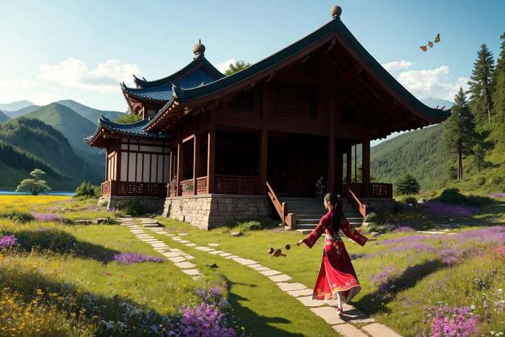 In a still image, a tranquil lake houses ancient ruins at its center, covered in wildflowers, grasses, moss, and fungi. Amidst this captivating scene, a young Chinese girl in traditional attire gathers mushrooms, her bamboo basket on her back, as butterflies flit around her, creating a sense of harmony and mystery.
hdr, (photorealism, masterpiece quality, best quality),  pureerosface_v1,  pureerosface_v1,