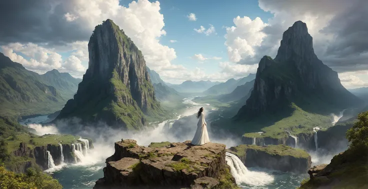 a woman in a white dress standing on a cliff with a waterfall in the background and a waterfall flowing from her, Clint Cearley, magic the gathering artwork, a detailed matte painting, fantasy art,barefoot, cloud, cloudy_sky, floating_hair, long_hair, black hair,male_focus, mountain, outdoors, sky, solo, standing, white_hair, wide_sleeves, wind,
hdr, (photorealism, masterpiece quality, best quality),
