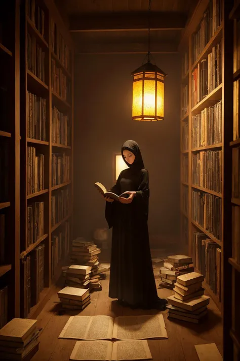 In a still image, a mysterious Eastern woman dressed in black and veiled stands in a dimly lit, dilapidated scripture repository. Surrounded by dusty scrolls and books, she examines a martial arts manual under the soft glow of a lantern, captivated by the ancient knowledge hidden within.
hdr, (photorealism, masterpiece quality, best quality), pureerosface_v1