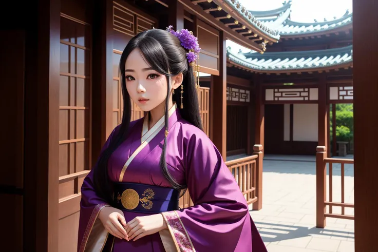1girl,full body,extremely detailed face, beautiful detailed eyes,light on face,cinematic lighting,looking at viewer,outdoors,Black hair,(purple Chinese architecture:0.05),hanfu,