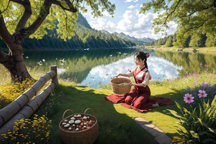 In a still image, a tranquil lake houses ancient ruins at its center, covered in wildflowers, grasses, moss, and fungi. Amidst this captivating scene, a young Chinese girl in traditional attire gathers mushrooms, her bamboo basket on her back, as butterflies flit around her, creating a sense of harmony and mystery.
hdr, (photorealism, masterpiece quality, best quality),  pureerosface_v1,  pureerosface_v1,