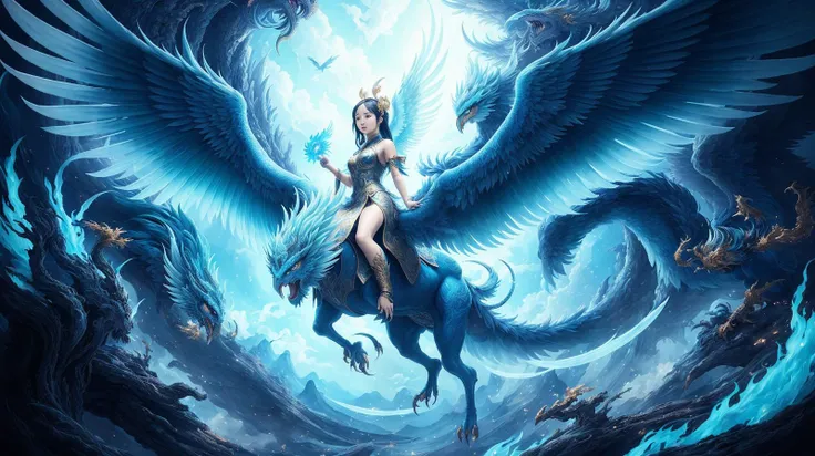 (one chinese girl on a phoenix beast),dark white and sky-blue, imaginative illustration, meticulous details, mythological references, fresco paintings, otherworldly beings, dark white and aquamarine, high resolution,unique illustrations,dense composition, detailed painting, ultrafine detail,
hdr, (photorealism, masterpiece quality, best quality), pureerosface_v1