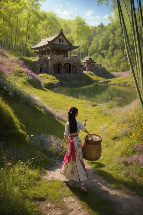 In a still image, a tranquil lake houses ancient ruins at its center, covered in wildflowers, grasses, moss, and fungi. Amidst this captivating scene, a young Chinese girl in traditional attire gathers mushrooms, her bamboo basket on her back, as butterflies flit around her, creating a sense of harmony and mystery.
hdr, (photorealism, masterpiece quality, best quality), pureerosface_v1