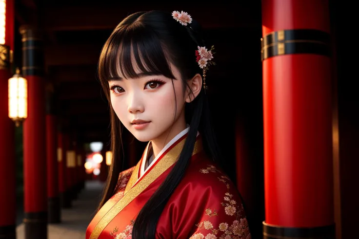 1girl,full body,extremely detailed face, beautiful detailed eyes,light on face,cinematic lighting,looking at viewer,outdoors,Black hair,(red Chinese architecture:0.05),hanfu,