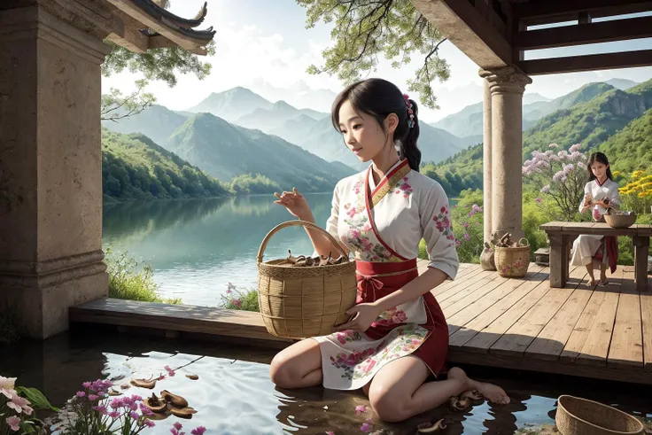 In a timeless image, an enchanting lake scene unfolds, featuring ancient ruins covered in colorful flora. A girl in traditional Chinese attire gathers mushrooms, her bamboo basket swaying gently. Butterflies dance around her, enhancing the atmosphere of mystique and the girl's connection to the natural world.
hdr, (photorealism, masterpiece quality, best quality),  pureerosface_v1,  pureerosface_v1,