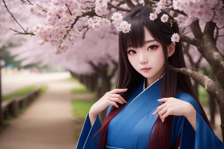 1girl,looking at viewer,beautiful detailed eyes,blue theme,(hanfu),light on face,cinematic lighting,upper body, outdoors,solo,cherry tree,