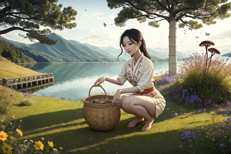 In a still image, a tranquil lake houses ancient ruins at its center, covered in wildflowers, grasses, moss, and fungi. Amidst this captivating scene, a young Chinese girl in traditional attire gathers mushrooms, her bamboo basket on her back, as butterflies flit around her, creating a sense of harmony and mystery.
hdr, (photorealism, masterpiece quality, best quality), pureerosface_v1, pureerosface_v1,